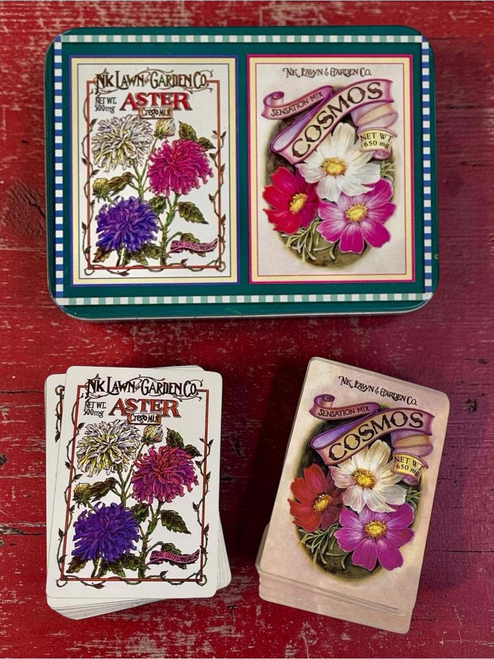 NK Lawn Garden Co. Aster Cosmos 2 Playing Card Decks Decorative Tin Complete
